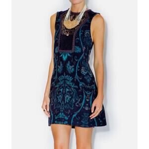 Free People Maribelle Mini Dress Womens Medium Blue Embroidered Sheer Neckline
